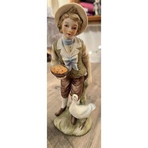 Vintage Lefton Porcelain Boy With Pie & Goose Figure #6988 Japan MCM